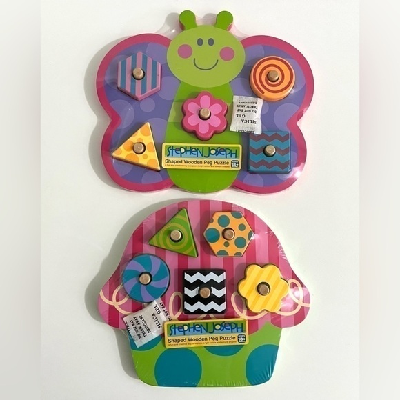 Lot of 2 Stephen Joseph Shaped Wooden Peg Puzzle Butterfly and Cupcake - Picture 1 of 7